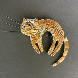 Vintage Cynthia Chuang Whimsical Cat Pin Ceramic Mixed Media Signed Brooch Kitty